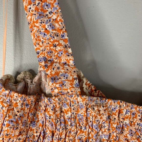 Zara Womens Floral Smocked Mini Dress Orange L Large 100% Cotton Summer Dress - Picture 6 of 10